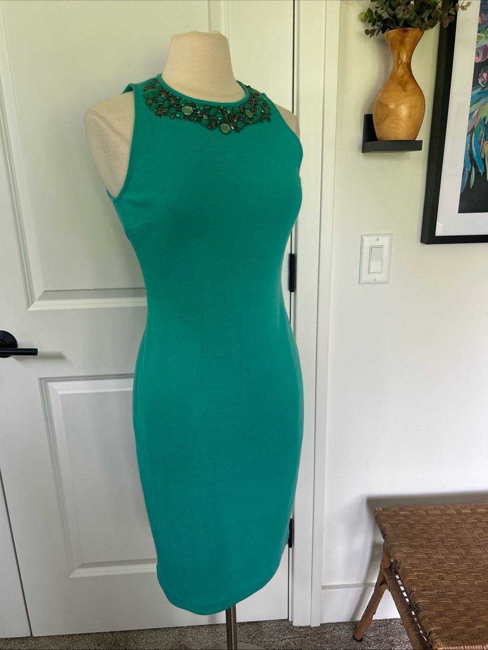 ST JOHN size 4 Turquoise Milano Knit Sheath Dress Beaded Neckline Spring ‘13